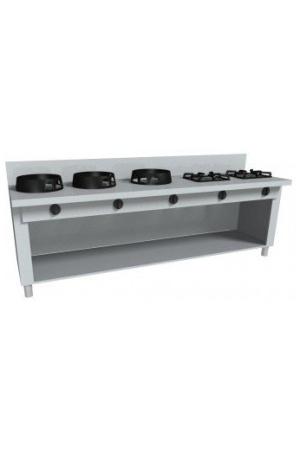 Čínský sporák plynový, otevřená podestavba, 3 hořáky WOK, 2 hořáky EUR